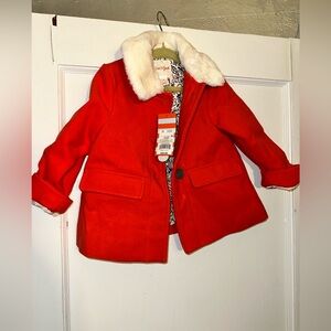 Cat & Jack Red and White Pea Coat with Faux Fur Collar